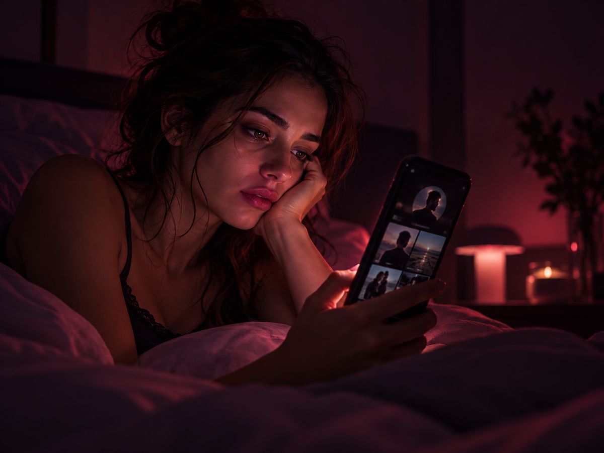 Mujer en la cama, de noche, mirando las fotos de su ex en el celular